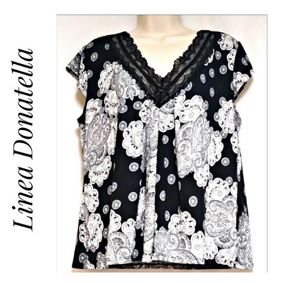 Linea Donatella Tops - Linea Donatella V-Neck Black White Paisley Blouse Linea Donatella Tops - Linea Donatella V-Neck Black White Paisley Blouse